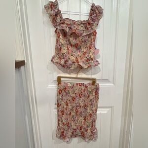 Floral Ruffle Crop Top and Skirt Set - Pink Multi